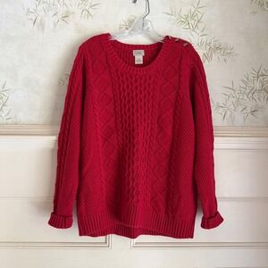 LL Bean Cotton Cable Knit Sweater Red Large Crewneck Cozy Academia Fisherman